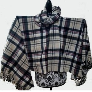 Gray & Creme Plaid Fleece Fringed Poncho With Cowl